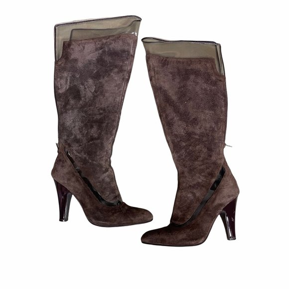 Hot in Hollywood Brown Suede and Clear Knee High Boots 7 - Picture 1 of 6